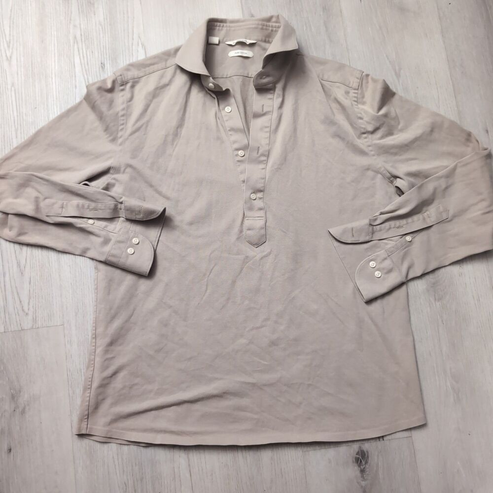 SuitSupply Long Sleeve Polo Mens 41/42 16/16.5 Extra Slim Fit Beige Beige 4 Btn